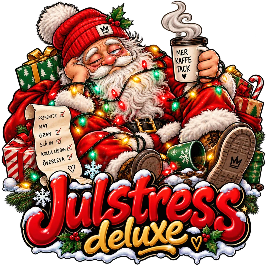 Julstress deluxe – tomten – tryckmotiv