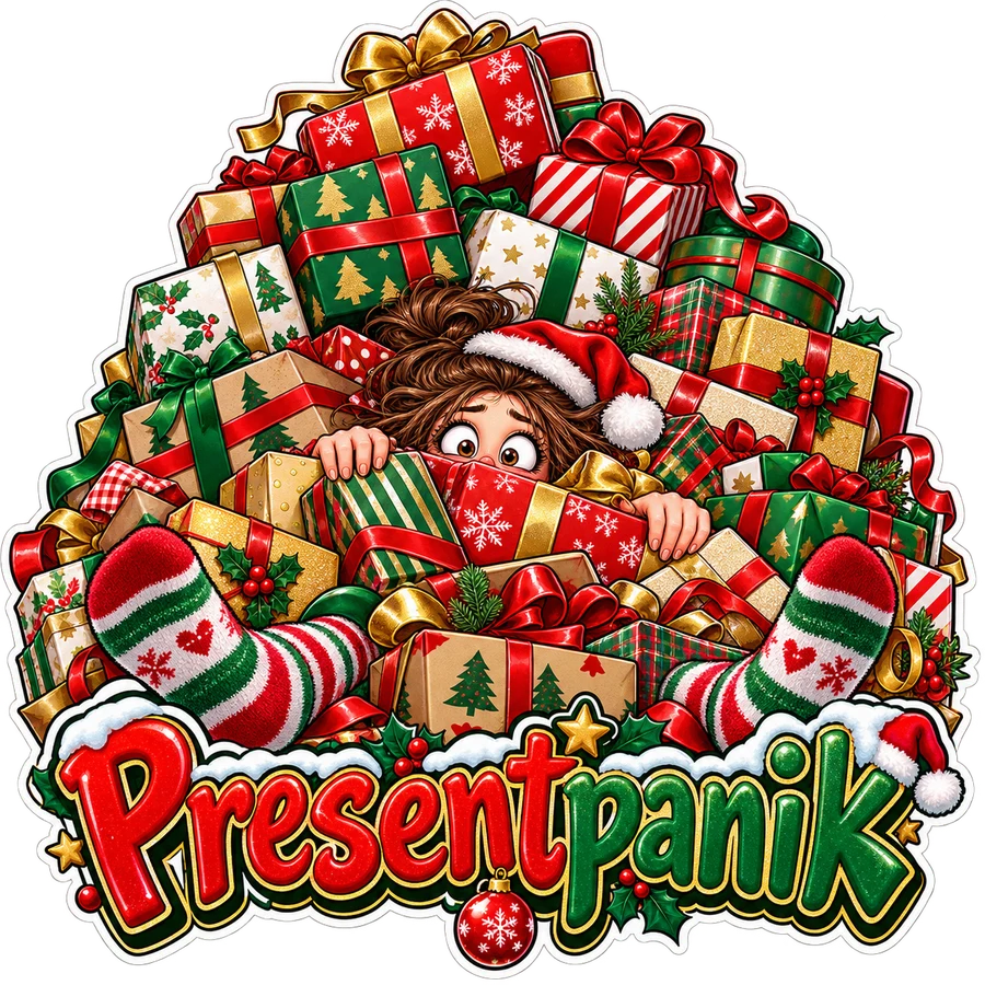 Presentpanik – klistermärke – tryckmotiv